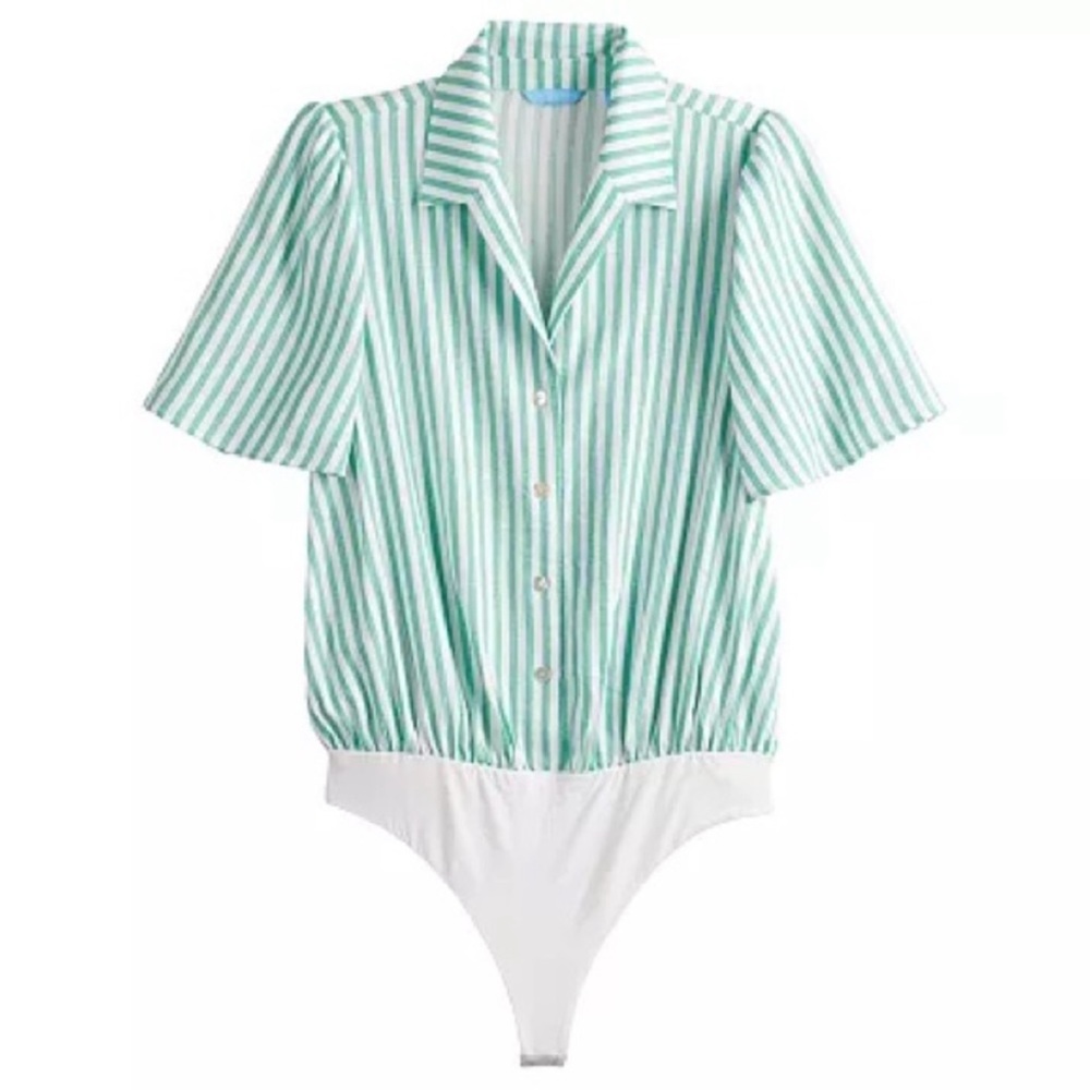NWT! Women's DRAPER JAMES RSVP Button Front Bodysuit Striped White and Green